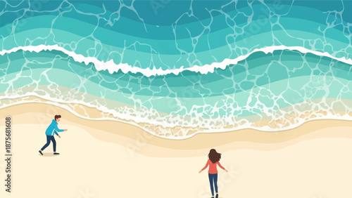 Overhead view of two people enjoying a sunny day at the beach with gentle waves