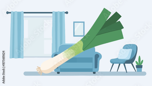 Oversized leek resting on a sofa in a minimalist blue living room