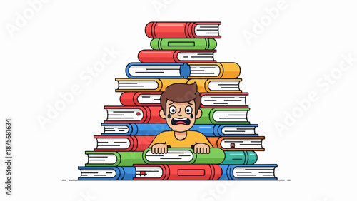 Overwhelmed child buried under a large stack of colorful books