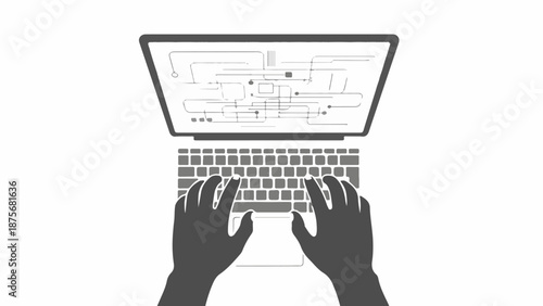 Overhead view of hands typing on a laptop with circuit board design on screen
