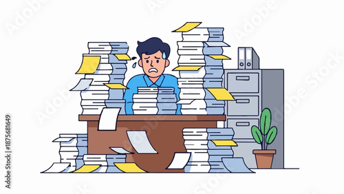 Overwhelmed man buried in stacks of papers and files at his desk