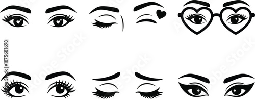 Set of 6 Minimalist Valentine’s Day 2026 Female Eye Silhouettes with Heart Pupils and Long Lashes Black and White Vector Illustration Isolated on White Background