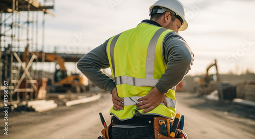 Rear view of a construction worker in a yellow vest holding his lower back feeling pain and discomfort.
