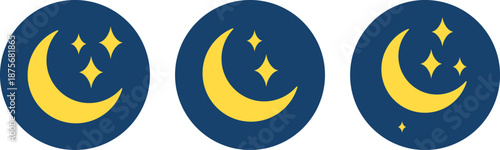 three dark blue circles with yellow crescent moons and stars