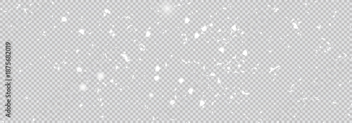 Soft scattered snow overlay background with floating bright flakes on transparent background.