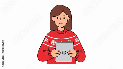 Person in festive sweater holding tablet