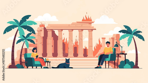 People relax near burning ancient ruins amidst palm trees and clouds