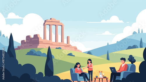 People relax outdoors near ancient ruins with a dog