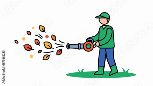 Person in green uses leaf blower to scatter colorful autumn leaves on grass