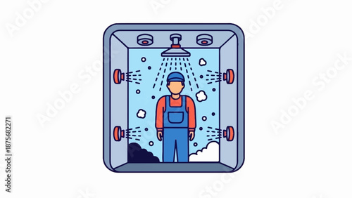Person in overalls stands in a multi-jet shower, with water falling from above