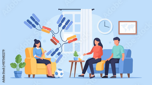 People relaxing in a living room with a molecular model above them