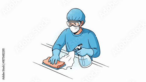 Person in protective gear cleans surface with spray and cloth