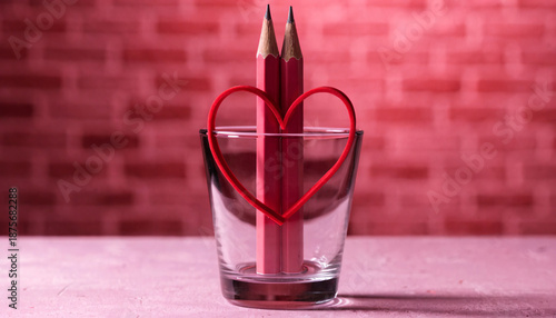 Two red pencils in glass with heart shaped red rubber band against brick wall