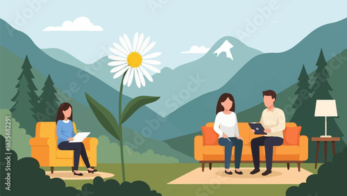 People relaxing on couches amidst nature with mountains and a large daisy