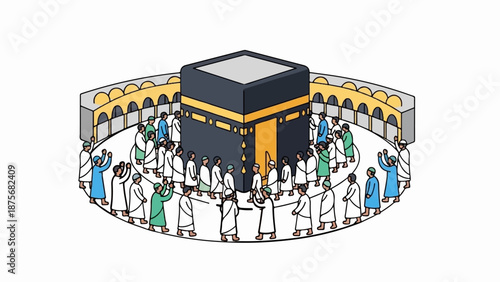 Pilgrims circle a cubic structure surrounded by an arched walkway, some raising hands