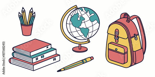 A colorful set of educational tools features two globes, stacked textbooks, a pencil cup, and a single writing instrument on a plain surface.