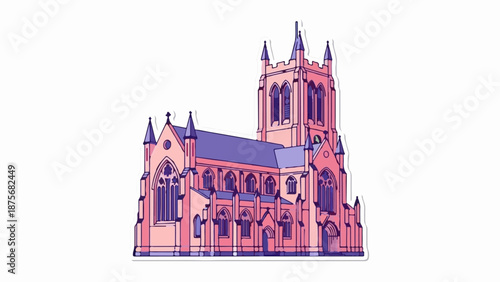 Pink and purple stylized church with pointed arches and a tall steeple