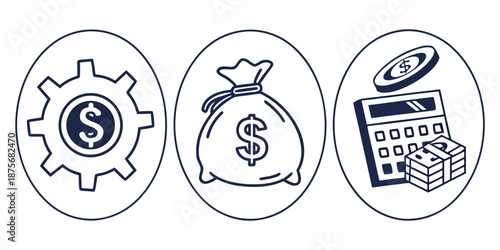 Financial icons feature a gear with a dollar sign, a money bag, and a calculator with stacked coins representing monetary concepts.