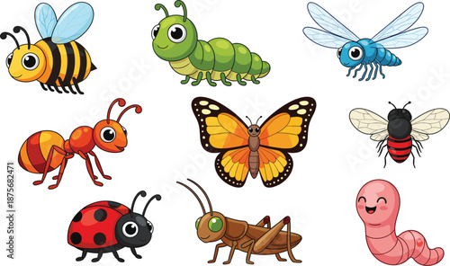Large collection of cute cartoon insects and garden bugs including butterfly bee ladybug ant caterpillar and grasshopper isolated on white background vector illustration