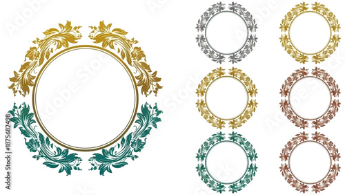 Set of golden ornate vintage frames with floral vector patterns and elegant round borders for decorative retro art design illustrations