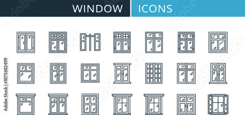 Collection of various window icons, showcasing different designs and styles for architectural representation