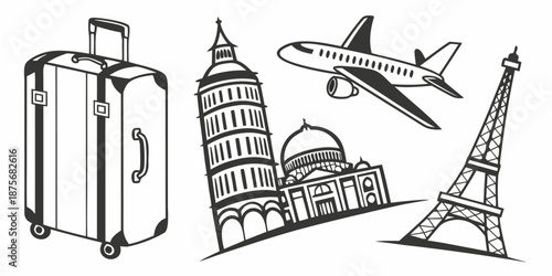 A collection of travel icons features a rolling suitcase, an airplane, and famous world landmarks like the Leaning Tower of Pisa and the Eiffel Tower.