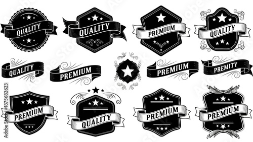 Vector set of vintage retro labels and premium quality stamps featuring elegant ribbon designs and business emblem stickers for sign and seal branding