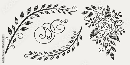 Wrought iron gate with a curved staircase is presented with various elegant floral and leaf design elements, ideal for decorative projects.