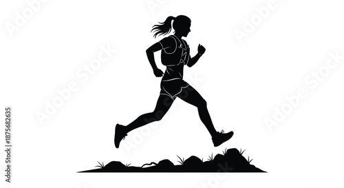 Silhouette of a woman running dynamically across a grassy terrain