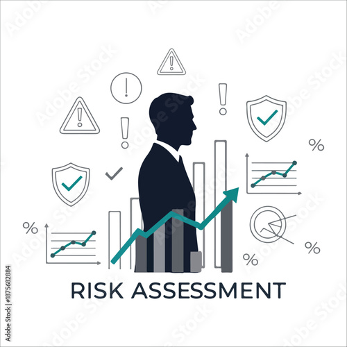 actuary silhouette vector illustration Businessman assessing risk with data analysis and security icons