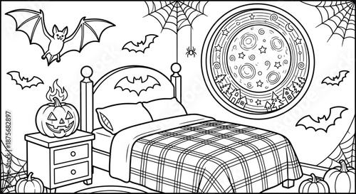 PrintHalloween coloring page for kids featuring spooky bedroom with bats flying over bed jack o lantern on nightstand and spider webs