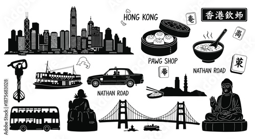 Hong kong iconic landmarks cuisine and transportation in a black and white illustration