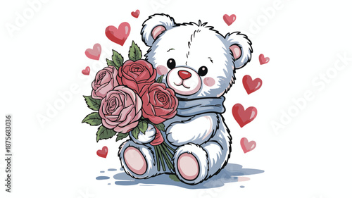 Cute teddy bear holding a bouquet of roses with hearts around it plush toy