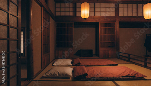 Cozy traditional Japanese inn room with futons on tatami mats, warm lighting, and wooden sliding doors