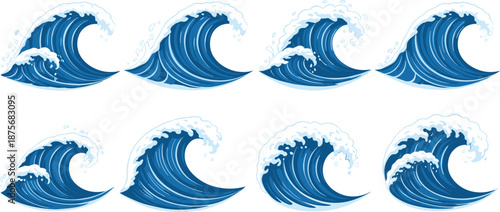 Large collection of blue ocean waves with white foam and spray in a stylized Japanese art aesthetic isolated on white background vector illustration