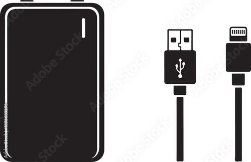Black smartphone and usb cables on white background mobile phone