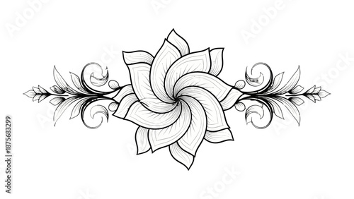 Intricate black and white floral design with swirling patterns and leaves.