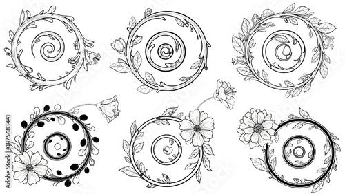 Six different hand drawn floral wreath designs in black and white.