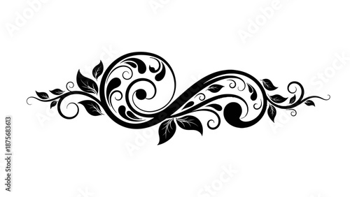 Elegant black floral swirl design element on white background.