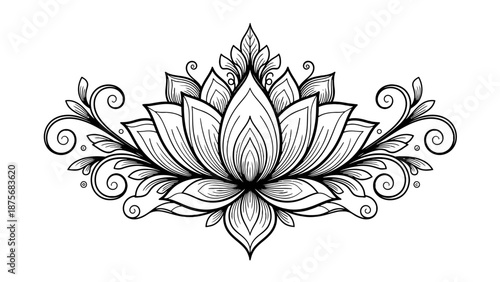 Intricate black and white lotus flower illustration with ornate details.