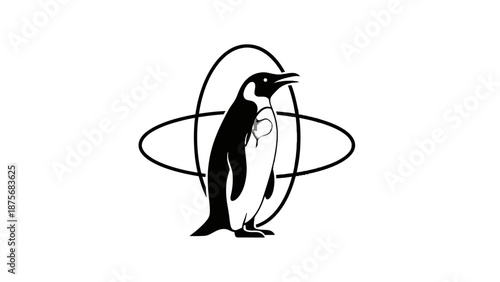Black and white penguin illustration with atomic symbol.