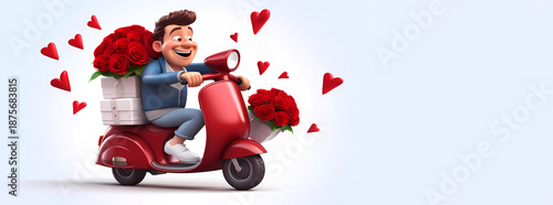 Cartoon Guy on Scooter Carrying Gift and Bouquet of Red Roses