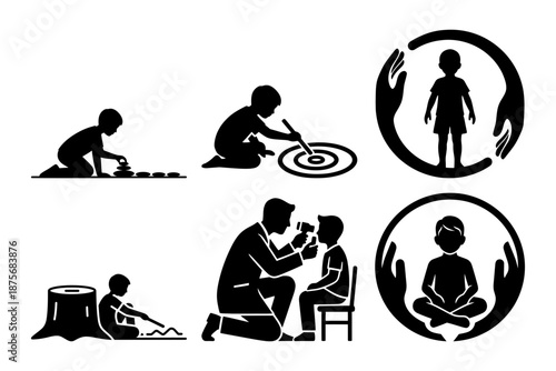 Autism awareness day silhouette representing family care and protection