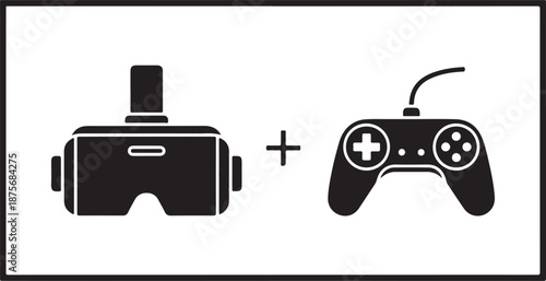 Black vr headset and game controller on white virtual reality gaming