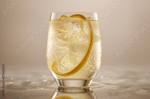 Clear iced yuzu soda shimmers as bubbles rise around a floating citrus peel
