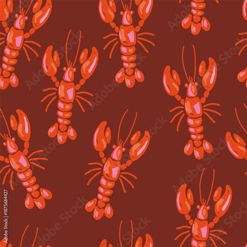 Lobster seamless pattern in hand drawn naive style. Mediterranean seafood design with red crayfish on dark background, perfect for fabric, kitchen decor or wrapping paper.