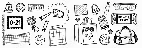 Black line doodle sports icons for lively weekend fun and games