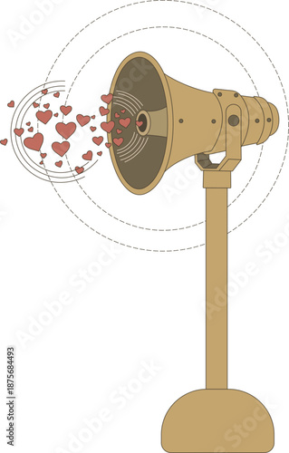 Vintage 1940s Americana vector microphone broadcasting love hearts. Muted beige and red colors. Technical line art style with professional copy space for custom text around the device.