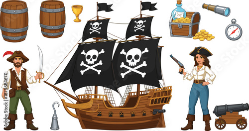 Set of pirate themed vector illustrations featuring a wooden pirate ship with skull and crossbones sails male and female pirates treasure chest and nautical accessories isolated on white background