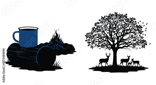 A peaceful scene featuring a coffee cup campfire tree and deer family